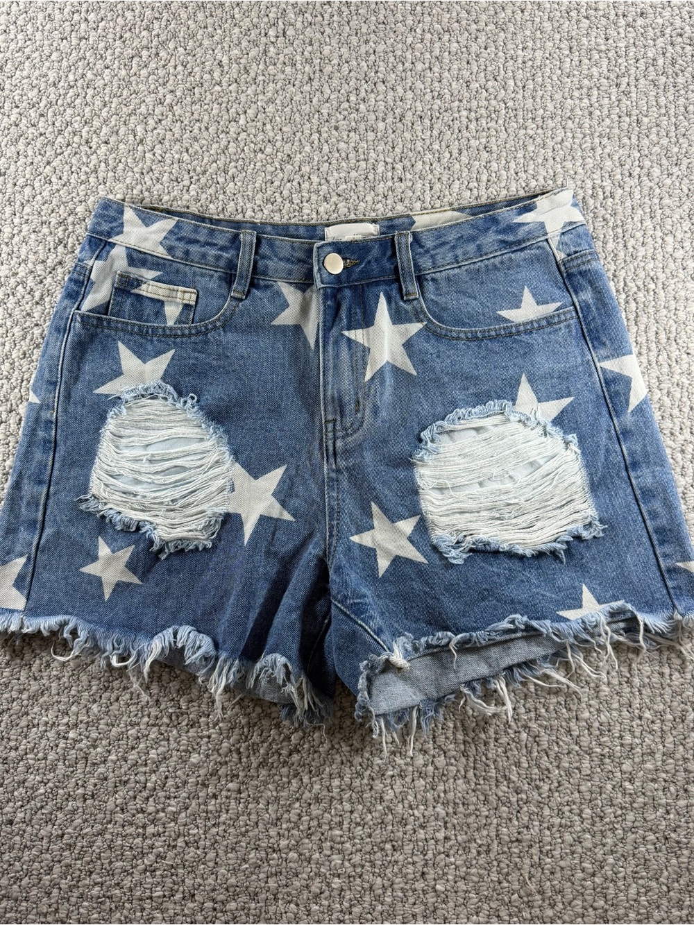 Star-Print Distressed Blue/White Jean Shorts RawHem 4th of July Women’s Size L